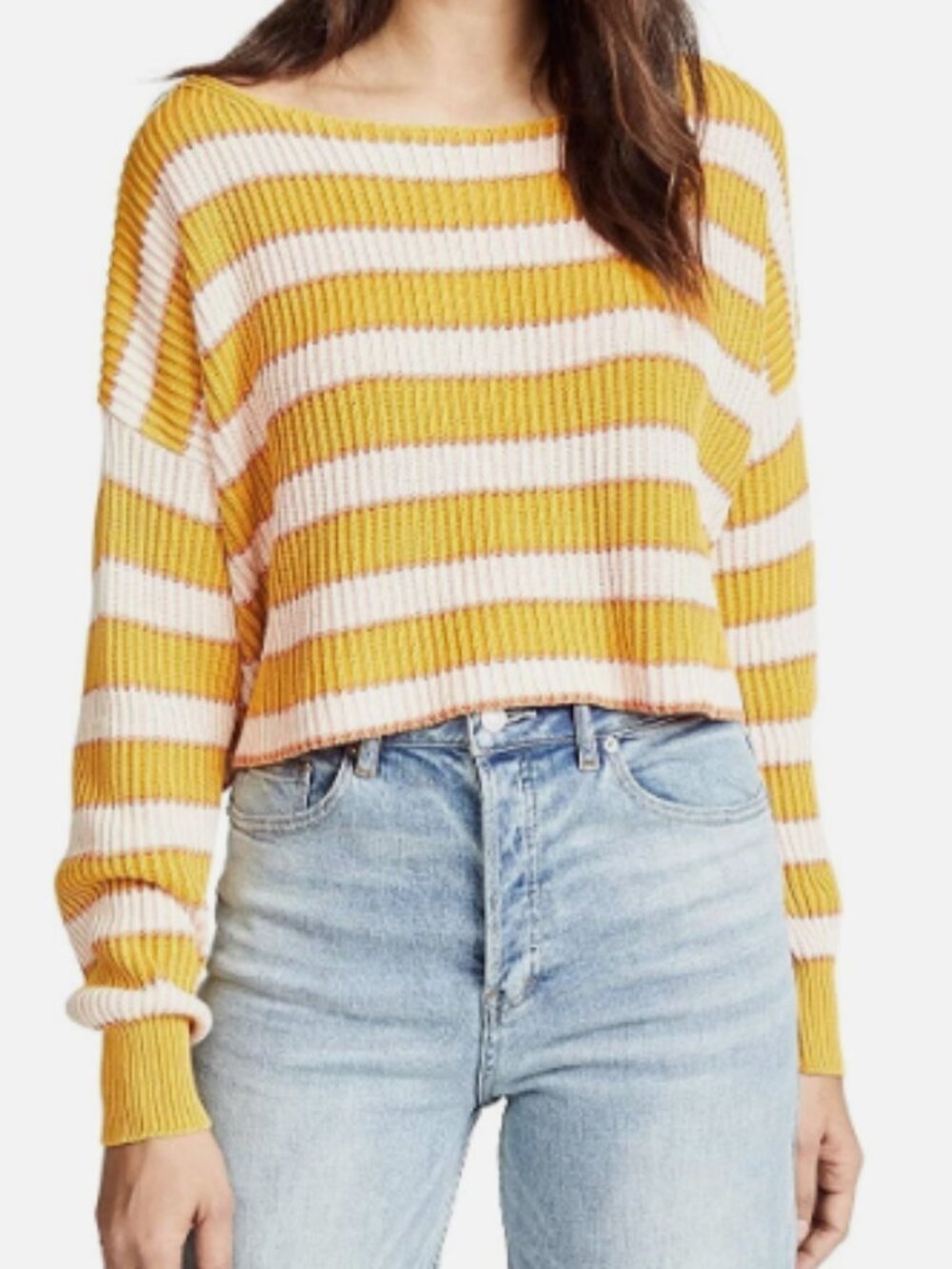 Free People Just my stripe mustard yellow pullover sweater VGUC size S - Picture 1 of 10